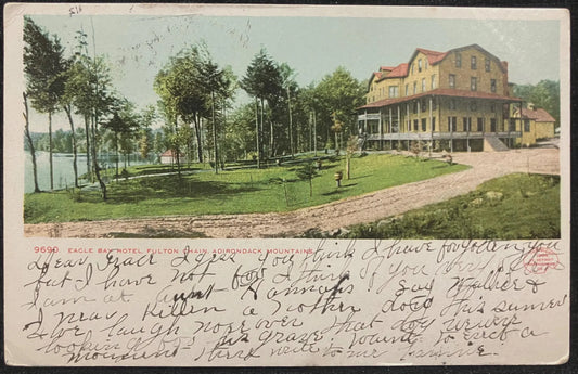 Eagle Bay Hotel, Fulton Chain, Adirondack Mountains - Copyright, 1904, Summer Place in the Adirondack Mnts.  - Vintage Hotel Postcard