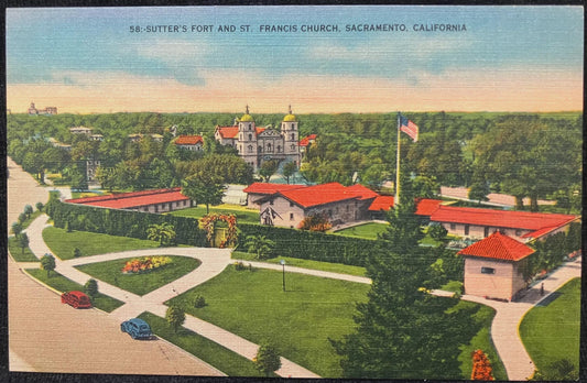 Sutter’s Fort and St. Francis Church, Sacramento, California - Vintage Church Postcard
