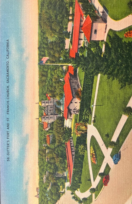Sutter’s Fort and St. Francis Church, Sacramento, California - Vintage Church Postcard