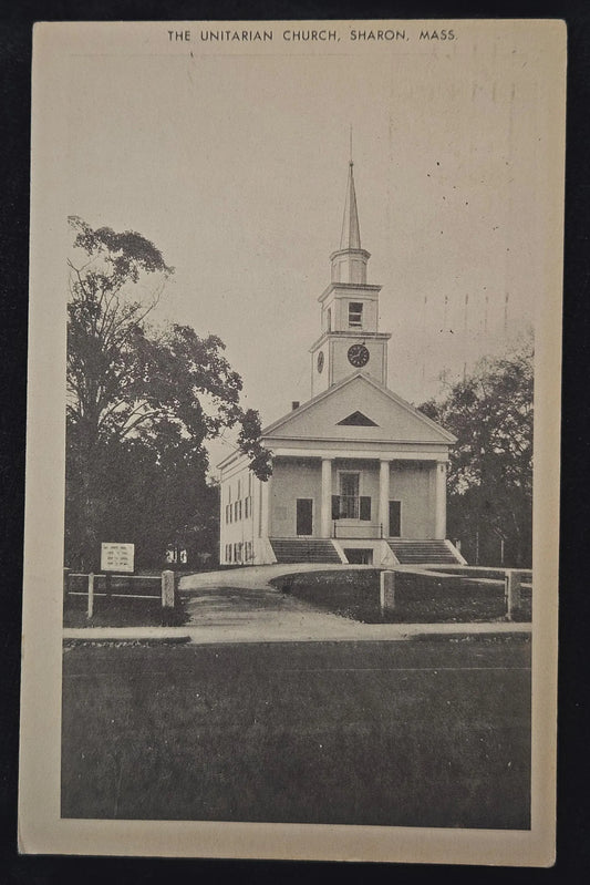 Unitarian Church - Sharon, Massachusetts - Vintage Black and White Postcard