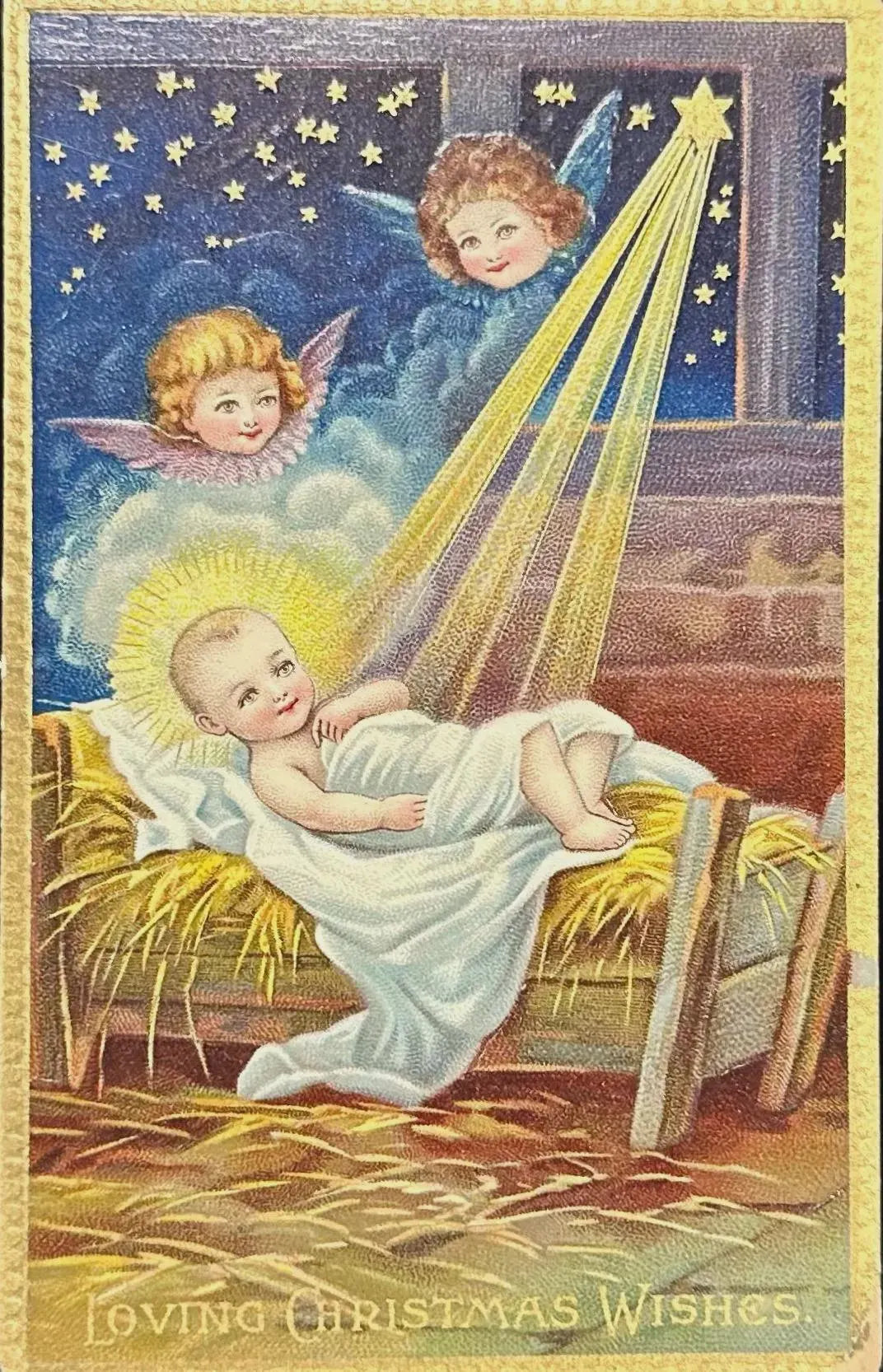 Baby Jesus in Manger with Angels Starry Night - Loving Christmas Wishes - Vintage Postcard