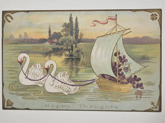 Two Swans Pulling A Boat With Flowers "Happy Thoughts" Gold Metallic Trim - Vintage Postcard
