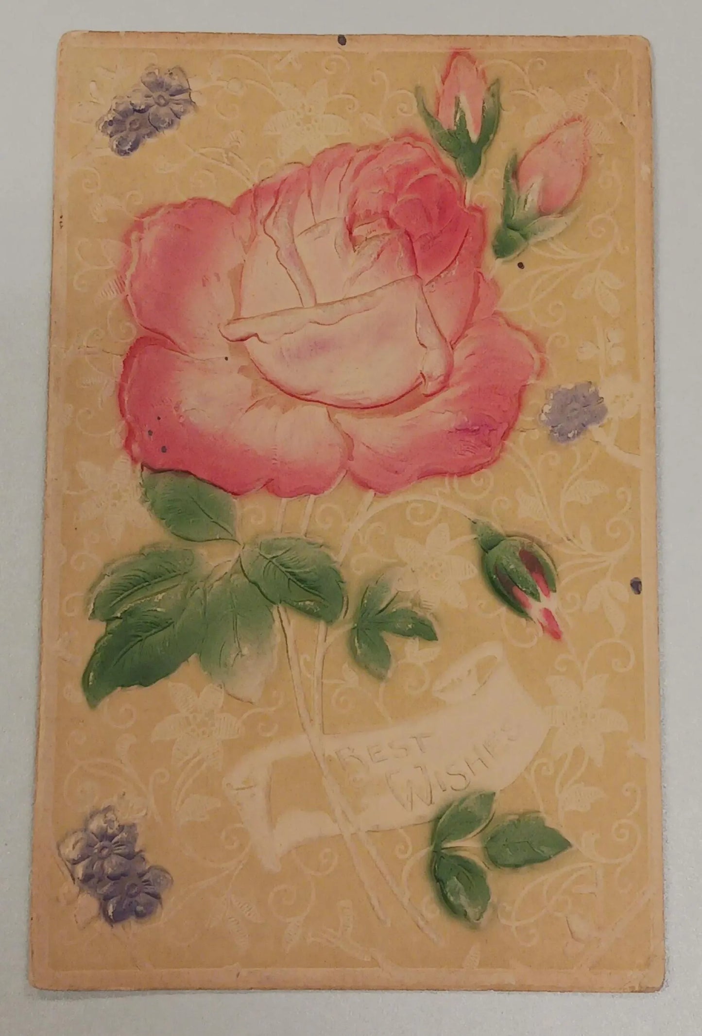 Best Wishes Floral Greeting Card - Embossed pink rose and forget me nots