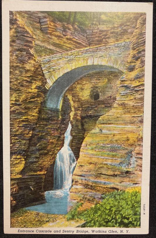 Entrance Cascade and Sentry Bridge, Watkins Glen, New York - Vintage Postcard