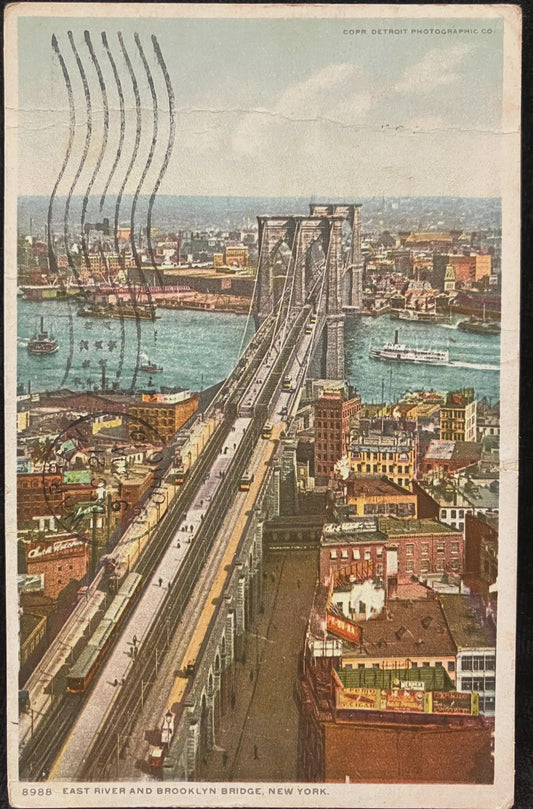 East River and Brooklyn Bridge, New York - Cops. Detroit Photographic Co. - Vintage Bridge Postcard