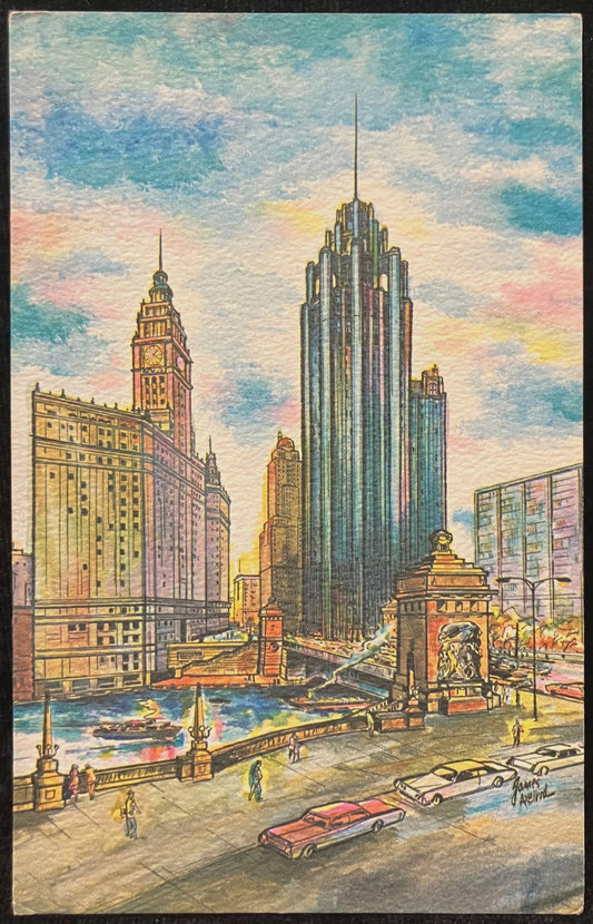 Chicago Art Card - Michigan Avenue at the Chicago River - Water Color by James Axelrod - Vintage Art Postcard