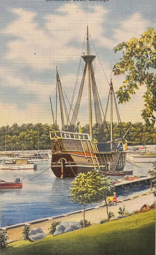 View in Jackson Park Showing Replica of Christopher Columbus Boat, Chicago, Illinois - Vintage Park Postcard