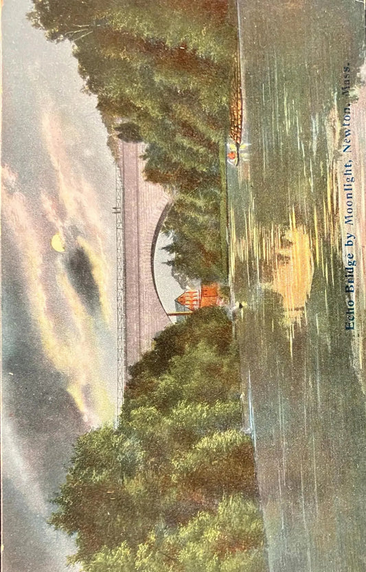 Echo Bridge by Moonlight, Newton, Massachusetts - Made in Germany - Vintage Bridge Postcard