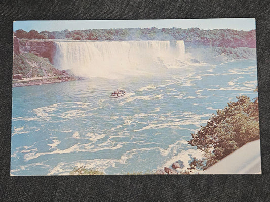 1957 American Falls As Viewed From The Canadian Side "Maid Of The Mist" boat on water - Vintage Postcard
