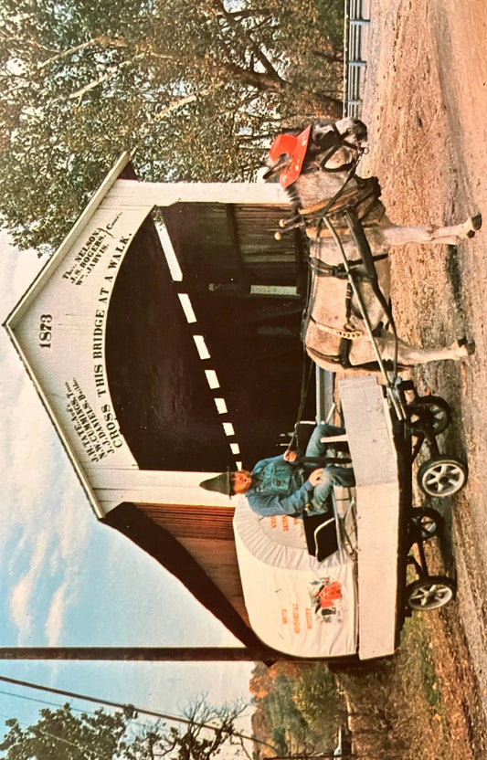 Bill Capps and his Mule in front of Mecca Bridge in Parke County, Indiana - Photo: Mitchell - Vintage Covered Bridge Postcard