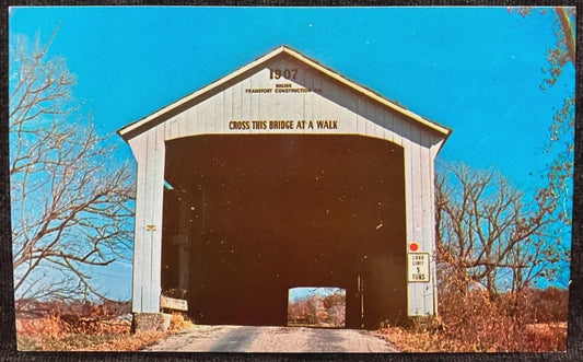 Adams Bridge over Little Raccoon Creek in Parke County, Indiana - Photo: F. Mitchell - Vintage Covered Bridge Postcard