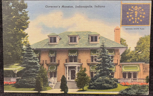 Governor’s Mansion, Indianapolis, Indiana - Indiana State Flag -  Vintage Postcard