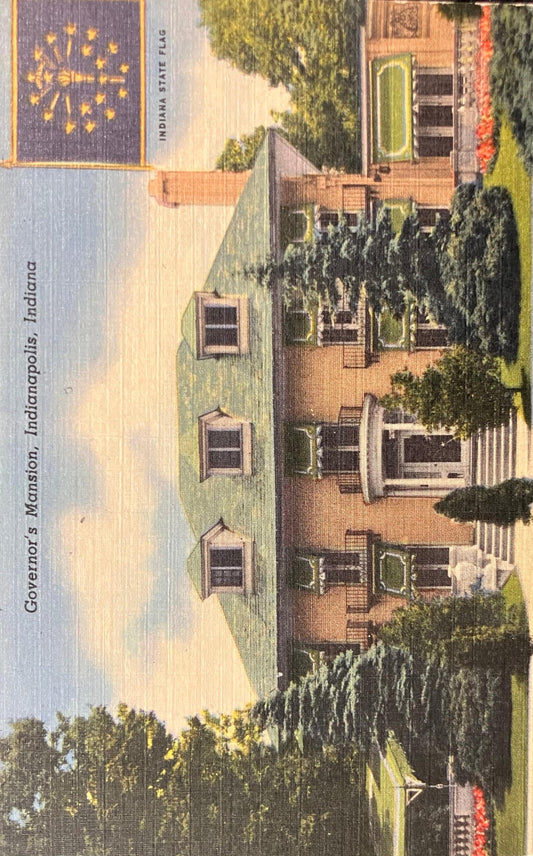 Governor’s Mansion, Indianapolis, Indiana - Indiana State Flag -  Vintage Postcard