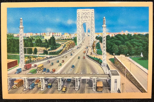 Washington Bridge, New York City, New York - Vintage 1930s linen Postcard - Vintage Automobiles and Buses on tollway bridge