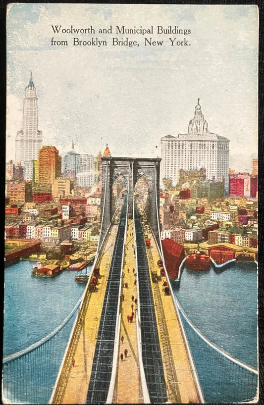 Woolworth and Municipal Buildings from Brooklyn Bridge, New York - Vintage Postcard