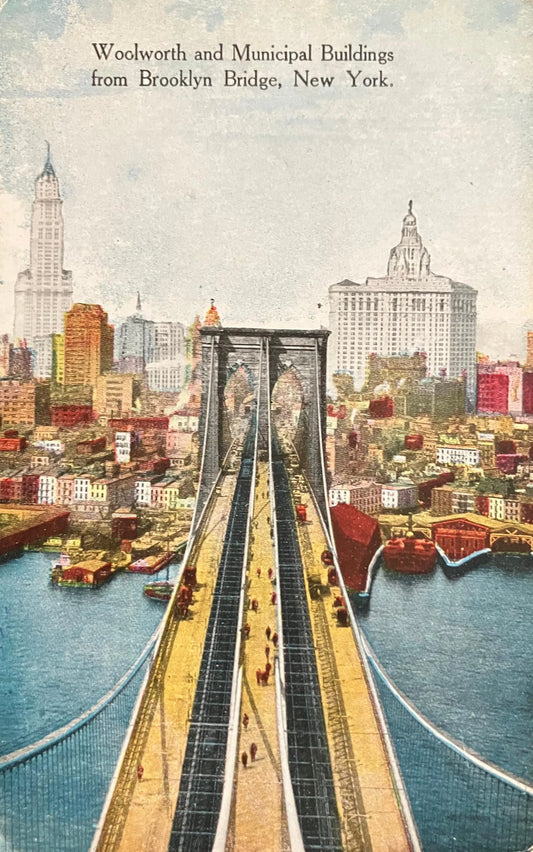 Woolworth and Municipal Buildings from Brooklyn Bridge, New York - Vintage Postcard