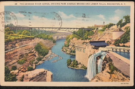 The Genesee River Gorge, Driving Park Avenue Bridge and Lower Falls, Rochester, New York - Vintage Bridge Postcard