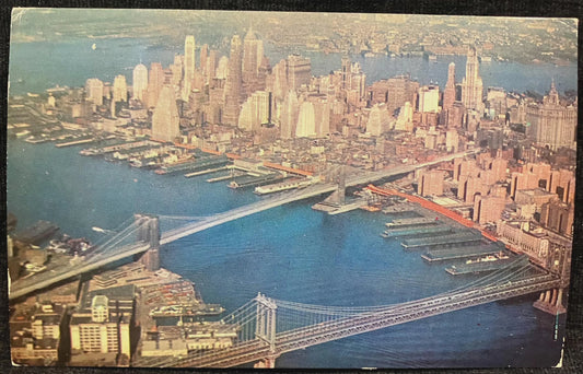 Brooklyn Bridge and Manhattan Bridge in New York - Vintage Bridge Postcard