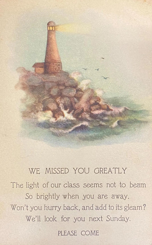 We Missed You Greatly! - Vintage Religious Postcard - Sunday School Reminder Card from 1930s