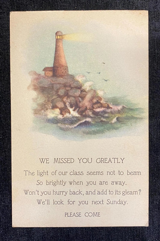 We Missed You Greatly! - Vintage Religious Postcard - Sunday School Reminder Card from 1930s