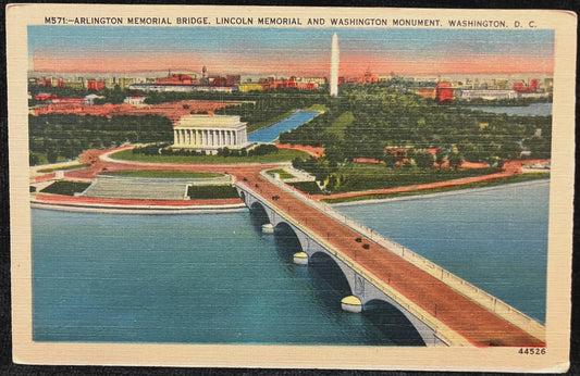 Aerial View of Arlington Memorial Bridge, Lincoln Memorial and Washington Monument, Washington D. C. -  Vintage Bridge Postcard