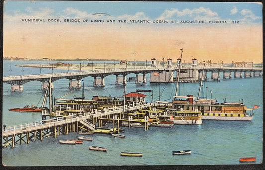 Municipal Dock, Bridge of Lions and the Atlantic Ocean, St. Augustine, Florida - Vintage Bridge Postcard