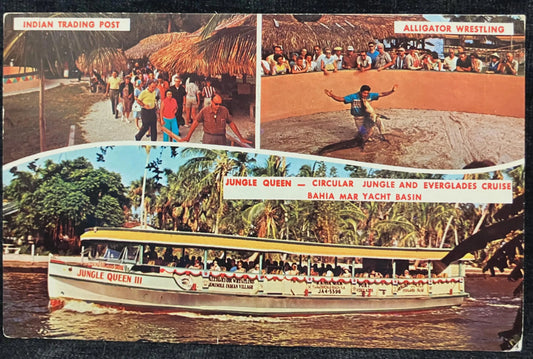 Jungle Queen - Circular Jungle and Everglades Cruise Bahia Mar Yacht Basin in Florida - Indian Trading Post - Alligator Wrestling - Postcard