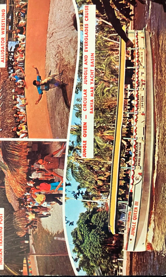 Jungle Queen - Circular Jungle and Everglades Cruise Bahia Mar Yacht Basin in Florida - Indian Trading Post - Alligator Wrestling - Postcard