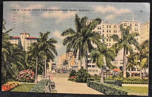 View of Flagler Street from Bayfront Park, Miami, Florida - Vintage Postcard