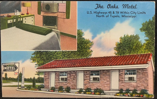 The Oaks Motel U. S. Highways 45 & 78 Within City Limits North of Tupelo, Mississippi - Vintage Motel Postcard