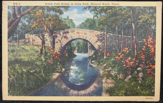 Bridle Path Bridge in State Park, Mineral Wells, Texas - Red Six Cent Air Mail Stamp - Vintage Bridge Postcard