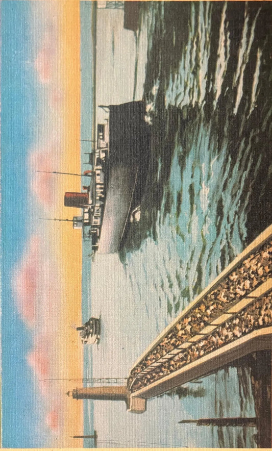 Boats Leaving Muskegon, Michigan - Vintage Harbor Postcard