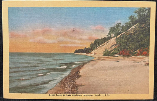 Beach Scene on Lake Michigan, Muskegon, Michigan - Vintage Beach Postcard