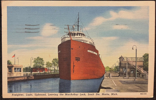 Freighter, Light, Upbound, Leaving the MacArthur Lock, Sault Ste. Marie, Michigan - Vintage Postcard
