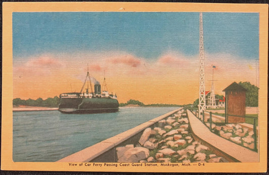 View of Car Ferry Passing Coast Guard Station, Muskegon, Michigan - Vintage Postcard