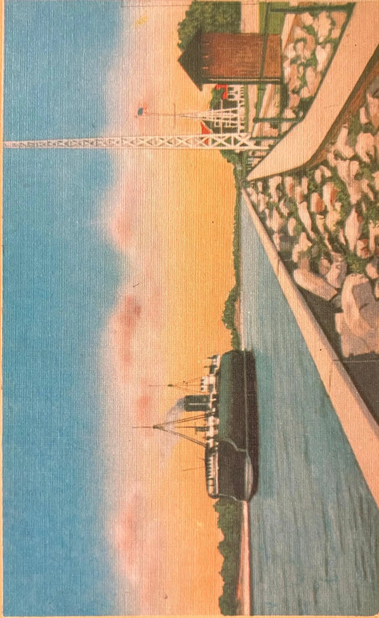 View of Car Ferry Passing Coast Guard Station, Muskegon, Michigan - Vintage Postcard