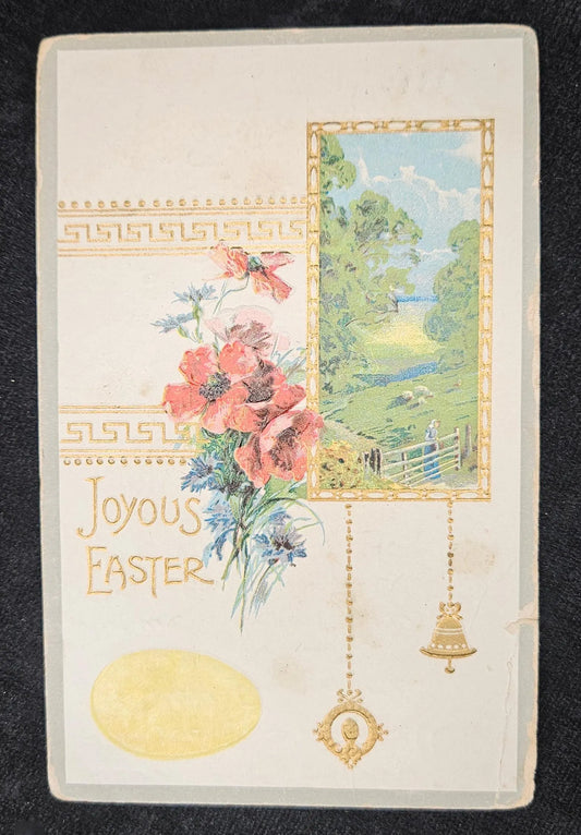 Golden Embossed "Joyous Easter" Postcard With Green springLandscape And Floral Bouquet