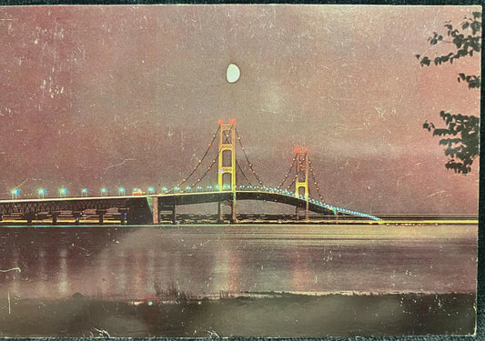 The Mackinac Bridge at Night, Michigan - Color: Phil Balyeat - Vintage Bridge Postcard
