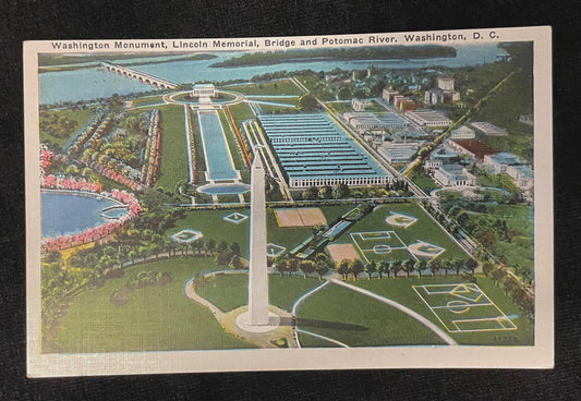 Washington Monument, Lincoln Memorial, Bridge and Potomac River, Washington D.C., Maryland - Vintage Postcard