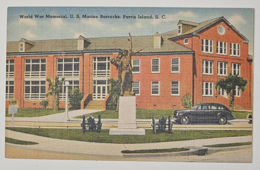 World War Memorial Marine Barracks, Parris Island, South Carolina featuring 1940s car- Vintage Military Postcard
