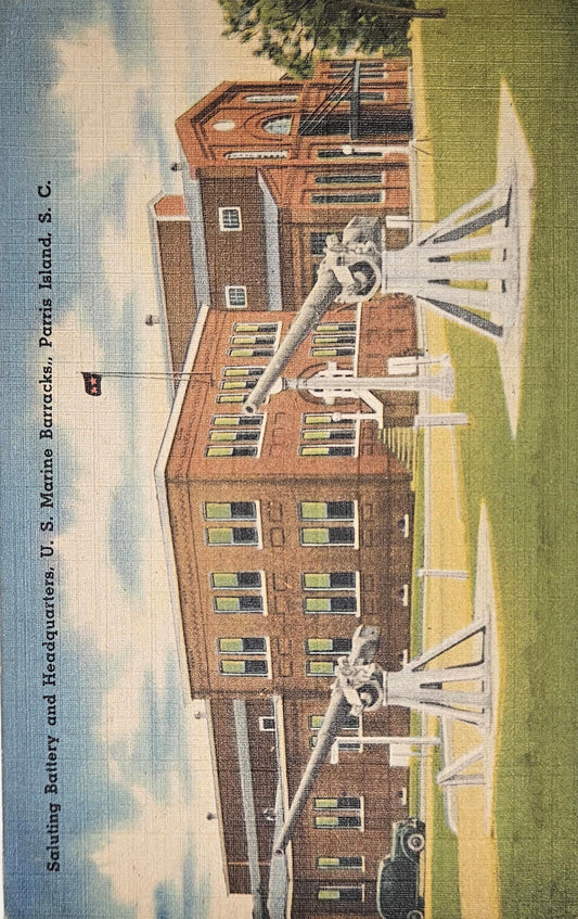 Marine Barracks Headquarters Postcard Saluting Beauty, Paris Island, South Carolina - Vintage Linen 1950sPostcard