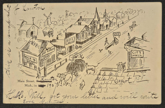 Drawing of Lawton/Kalamazoo, Michigan - Vintage 1907 Hand-Drawn Postcard with sender Art Additions