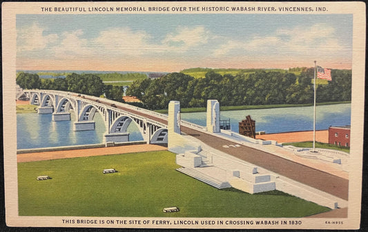 The Beautiful Lincoln Memorial Bridge over the Historic Wabash River, Vincennes, Indiana - Vintage Bridge Postcard