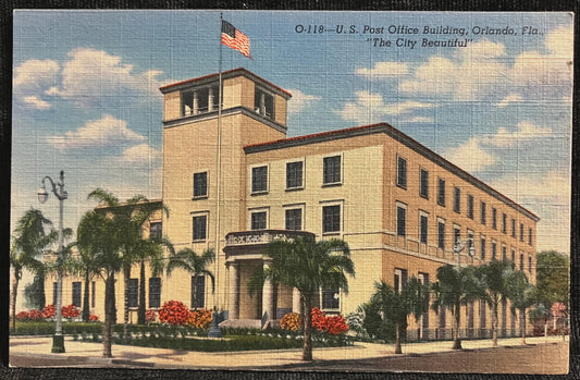 U. S. Post Office Building, Orlando, Florida “The City Beautiful” - Vintage Post Office Postcard