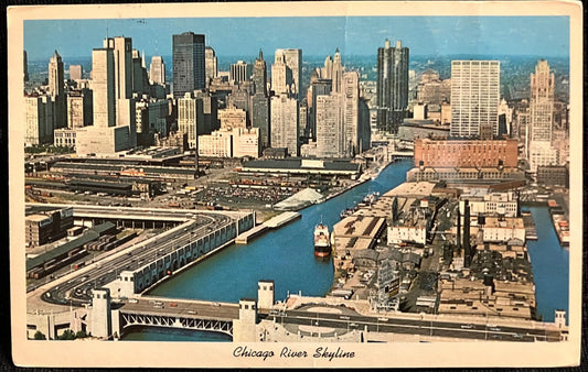 Chicago River Skyline - Illinois - Vintage Urban Bridge Postcard