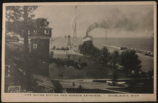 Life Saving Station and Harbor Entrance - Charlevoix, Michigan - Vintage Steamboat Postcard