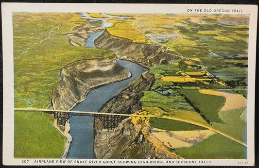 Airplane View of Snake River Gorge Showing High Bridge and Shoshone Falls - Vintage Postcard