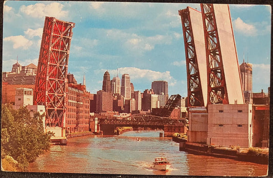 Chicago, Illinois on the River - Color by Ewing Gallaway - Vintage Bridge Postcard