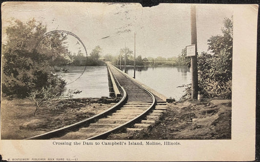 Crossing the Dam to Campbell's Island, Moline, Illinois - M. Montgomery Publisher Rock Island, Illinois - Vintage Postcard