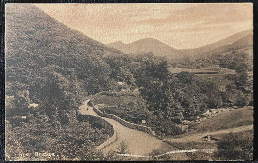 Vintage sepia-toned photograph of a winding road through a forested valley.